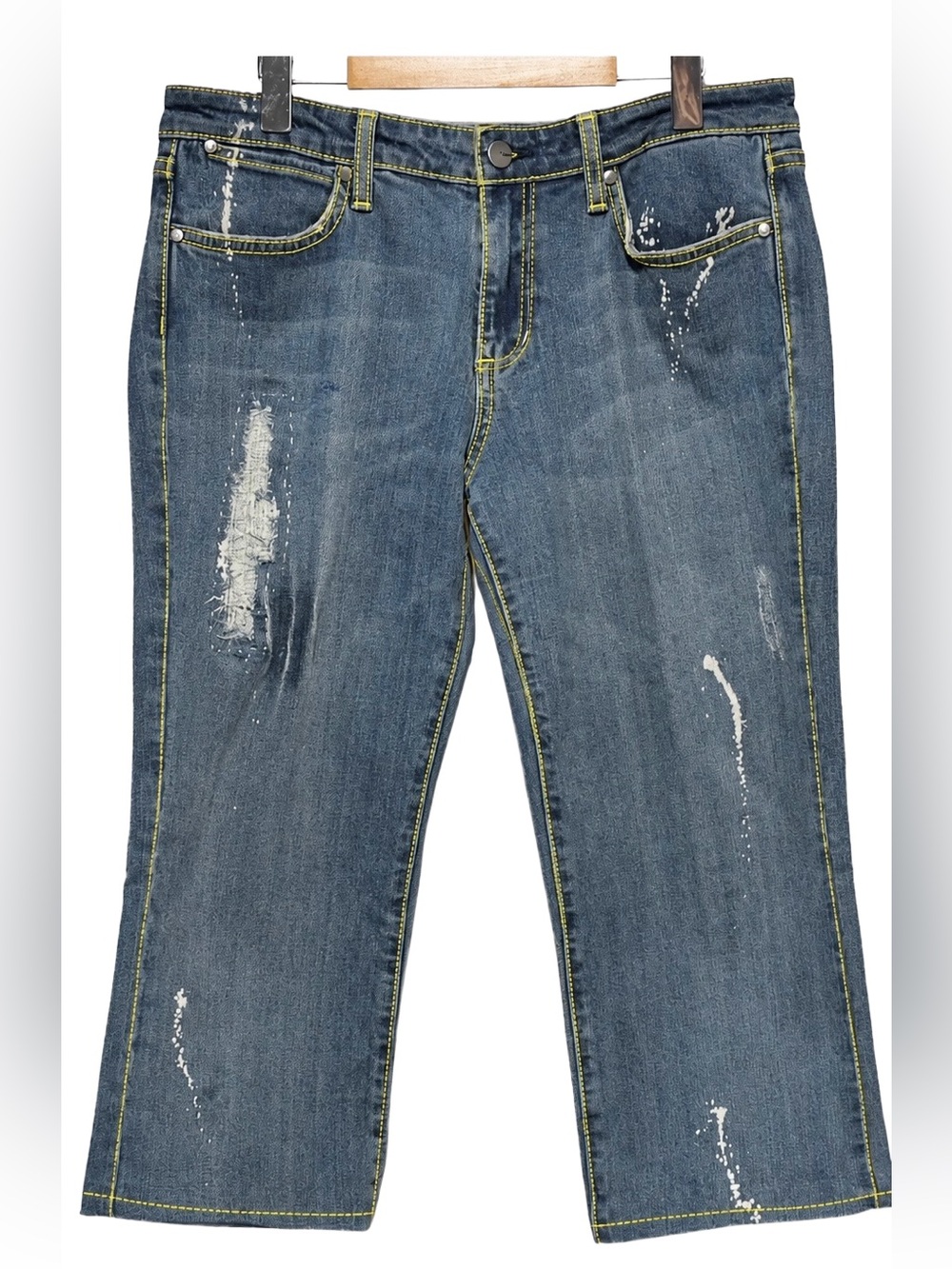 Vigoss Low Rise Capri Flare Jeans Distressed Paint Splatter Cropped Denim